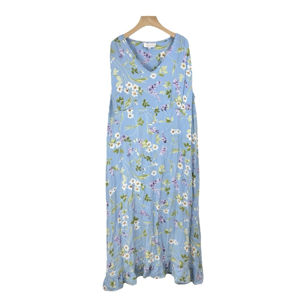 VTG! Jenny Helene‎ Blue Floral Summer Long Dress 2X 100% Rayon USA Cottagecore